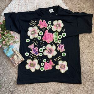 Mirage ArtWear 90s Vintage Puff Paint Embellished Fish Flower Tropical Tee OS